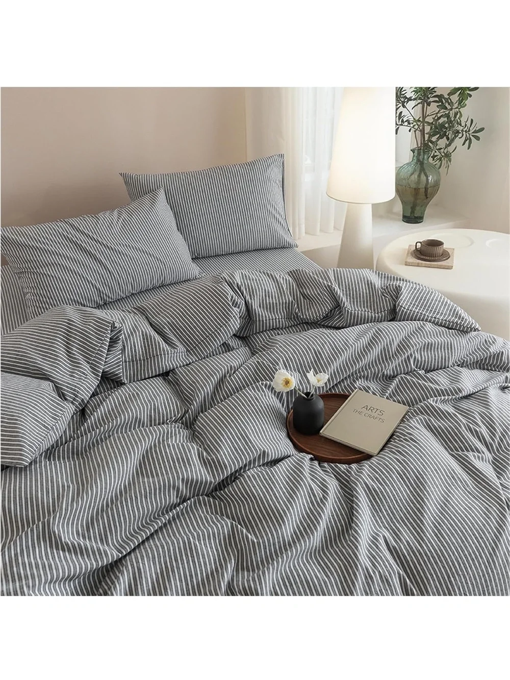 NEW Queen 100% Washed Cotton Duvet Cover Set, 3-Piece, Linen-Like Pinstripe